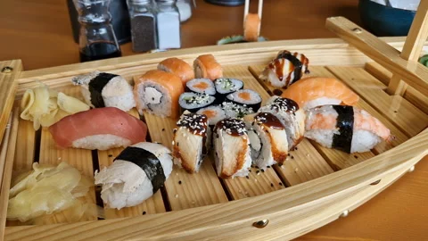 Delicious rolls, sushi close-up. Cafe Stock Footage 240177197