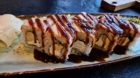 Delicious rolls, sushi close-up. Cafe Stock Footage 240382402