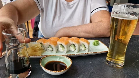 Delicious rolls, sushi close-up. Cafe Video stock 240535683
