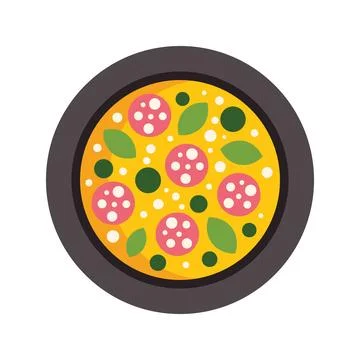 Delicious round pizza lying on tray with salami and basil leaves decoration Stock Illustration