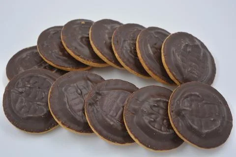Delicious round sponge cake biscuits with natural are covered with chocolate. Stock Photos
