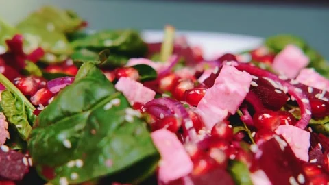 Delicious salad of spinach, beetroot and feta cheese Stock Footage 249866968