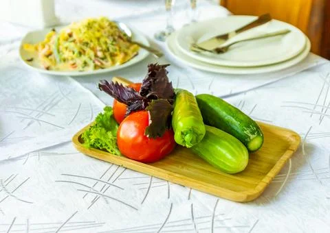 Delicious salad with vegetables on the table 스톡 사진