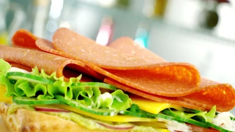 Delicious salami fall on sandwich bread. Stock Footage 132028600