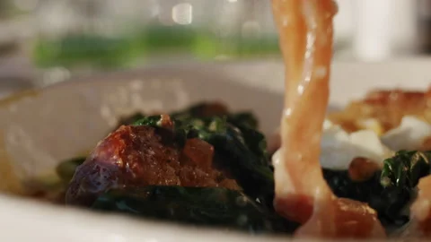 Delicious salmon with spinach and soft-boiled egg on a slice of brioche toast Video stock 151297207