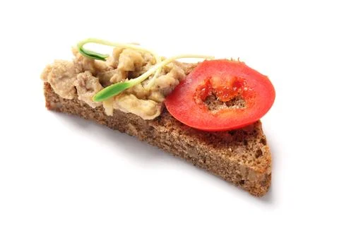 Delicious sandwich with cod liver and bell pepper on white background Stock Photos