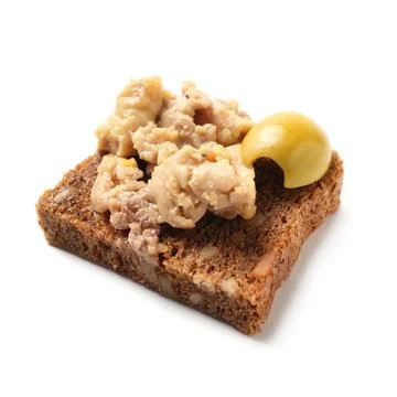 Delicious sandwich with cod liver and olive on white background Stock Photos