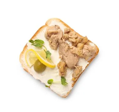 Delicious sandwich with cod liver, olive and lemon on white background Stock Photos