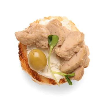 Delicious sandwich with cod liver, olive and micro green on white background Stock Photos