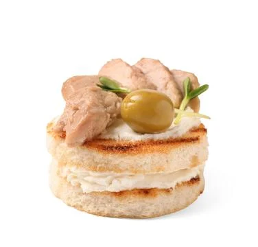 Delicious sandwich with cod liver, olive and micro green on white background Stock Photos