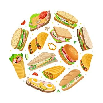 Delicious Sandwich with Different Ingredient Round Composition Design Vector Stock Illustration