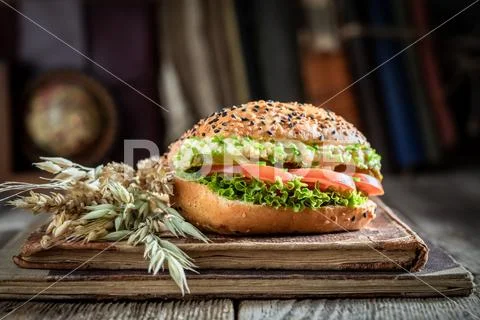 Delicious sandwich with tomato, lettuce, egg paste Stock Photos