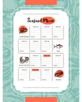 Delicious Seafood - vector drawn template menu Stock Illustration