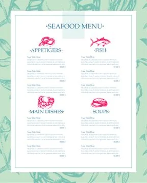 Delicious Seafood - vector drawn template menu Stock Illustration
