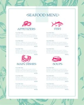 Delicious Seafood - vector drawn template menu Stock Illustration