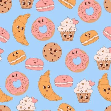Delicious seamless pattern with cute bakery and cookie characters on blue b.. Illustrazione stock