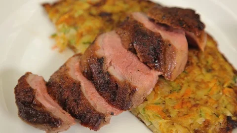 Delicious seared duck on plate Stock Footage 88865052