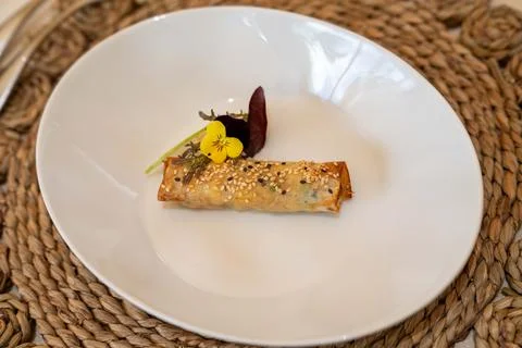 Delicious single spring roll on plate garnished with sesame seeds and local.. 스톡 사진