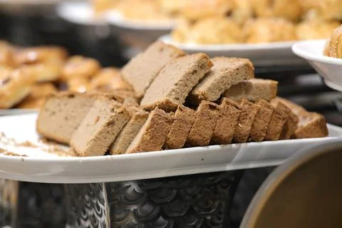 Delicious sliced bread ready for breakfast buffet feast Stock Photos