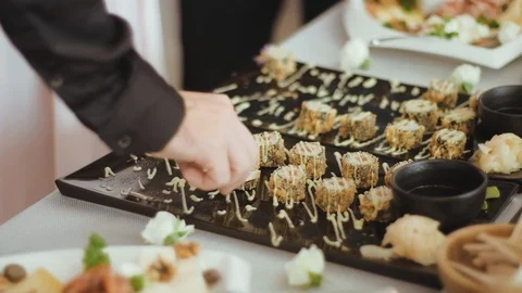 Delicious snacks and appetizers on feast table. Stock Footage 113544822