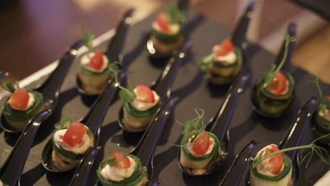 Delicious snacks on the table at the party, close-up Stock Footage 172019140