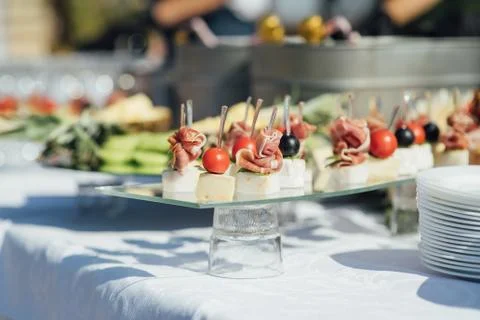 Delicious snacks on wedding reception table in luxury outdoor restaurant Stock Photos