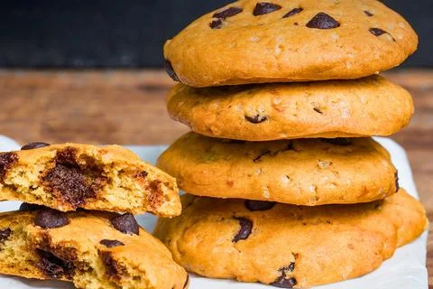 Delicious stack of homemade chocolate chip cookies Stock Photos