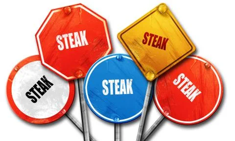 Delicious steak sign, 3D rendering, rough street sign collection Illustrazione stock
