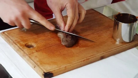 Delicious steak sliced by chef. slicing pork meat Stock Footage 107532489