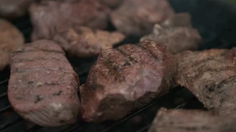 Delicious steaks on a charcoal grill Stock Footage 201021659