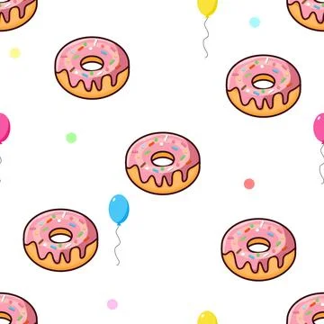 Delicious strawberry donut seamless pattern with balloons, sweet glazed dou.. Stock-Illustration