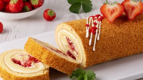 Delicious strawberry roll cake served on a wooden board with fresh strawberries Stock Footage 315536615