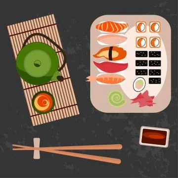 Delicious sushi, rolls and tee Stock Illustration
