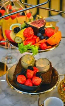 Delicious table setting in an expensive restaurant with fresh food Stock Photos