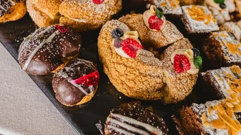 Delicious, table with various sweets. Stock-Fotos