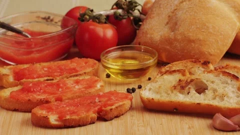 Delicious tapas bread with tomatoes pasta with olive oil close-up, bruschetta Stock Footage 270185129