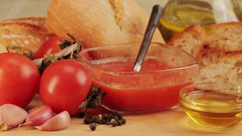 Delicious tapas bread with tomatoes pasta with olive oil close-up, bruschetta Stock Footage 270539485