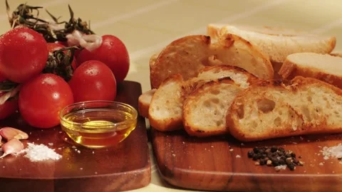 Delicious tapas bread with tomatoes pasta with olive oil close-up, bruschetta Stock Footage 274320466