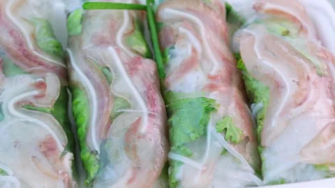 Delicious vietnamese pork spring rolls rotating Stock Footage 337360185