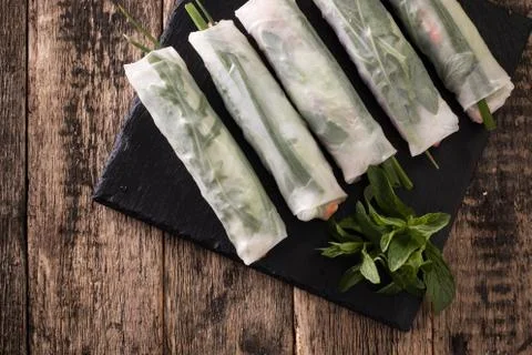 Delicious vietnamese spring roll with vegetable on dark background ,healthy.. Stock Photos