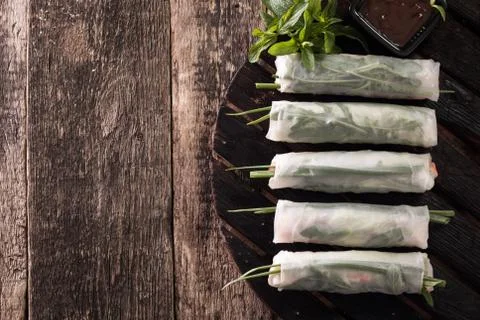 Delicious vietnamese spring roll with vegetable on dark background ,healthy.. Stock Photos