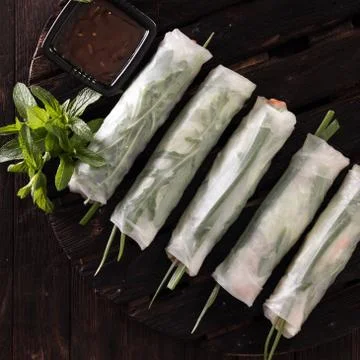 Delicious vietnamese spring roll with vegetable on dark background ,healthy.. Stock Photos