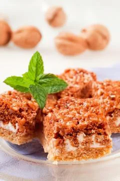 Delicious walnut crunch bars with mint garnish Stock Photos
