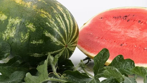 Delicious watermelon isolated on white background, tracking shot. Stock Footage 114075243