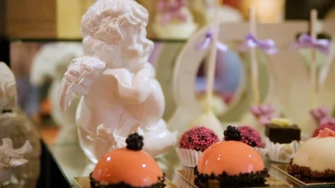 Delicious wedding reception candy bar dessert table Stock Footage 72923632