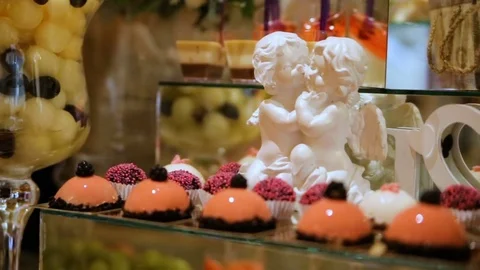 Delicious wedding reception candy bar dessert table Stock Footage 72926215