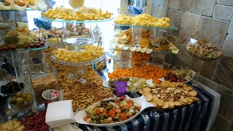 Delicious wedding reception candy bar dessert table Stock Footage 72926978