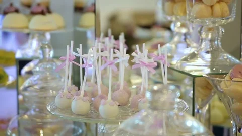 Delicious wedding reception candy bar dessert table Stock Footage 77416332