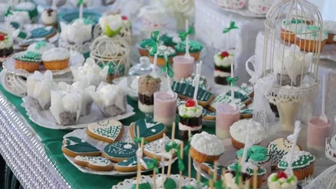 Delicious wedding reception candy bar. Close-up. Stock Footage 89670909