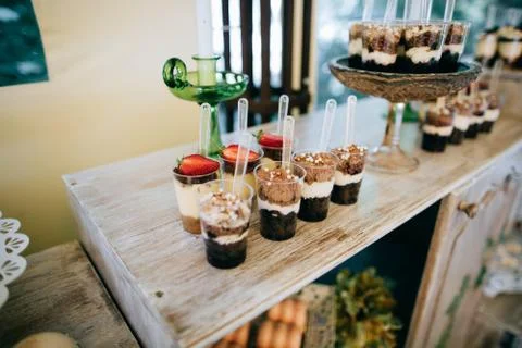 Delicious wedding reception candy bar, wedding diy. Stock Photos